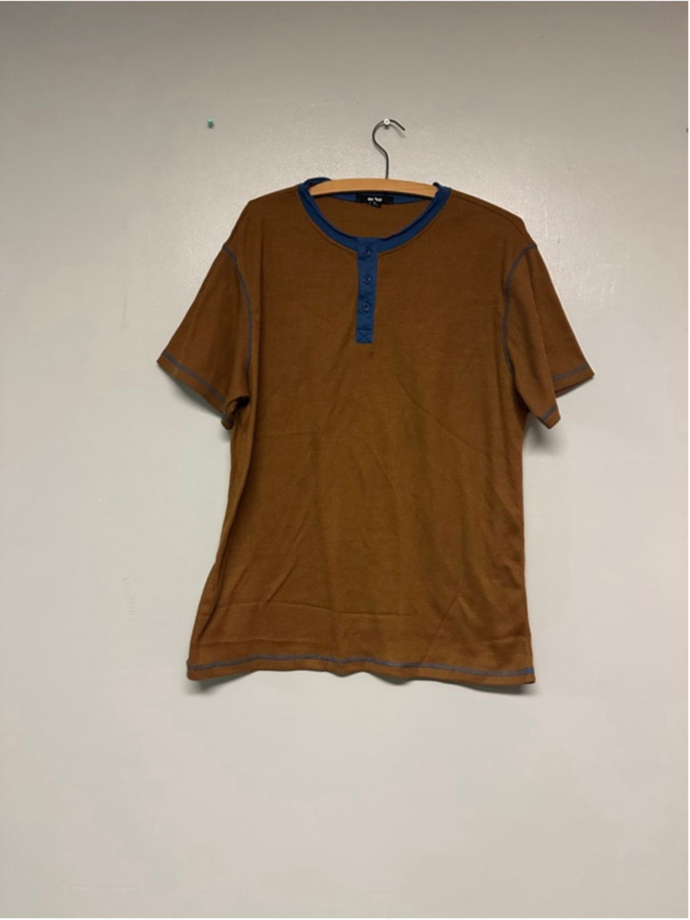Men's Ouku Short Sleeve Tee XL Brown Blue Henley waffle knit casual comfortable